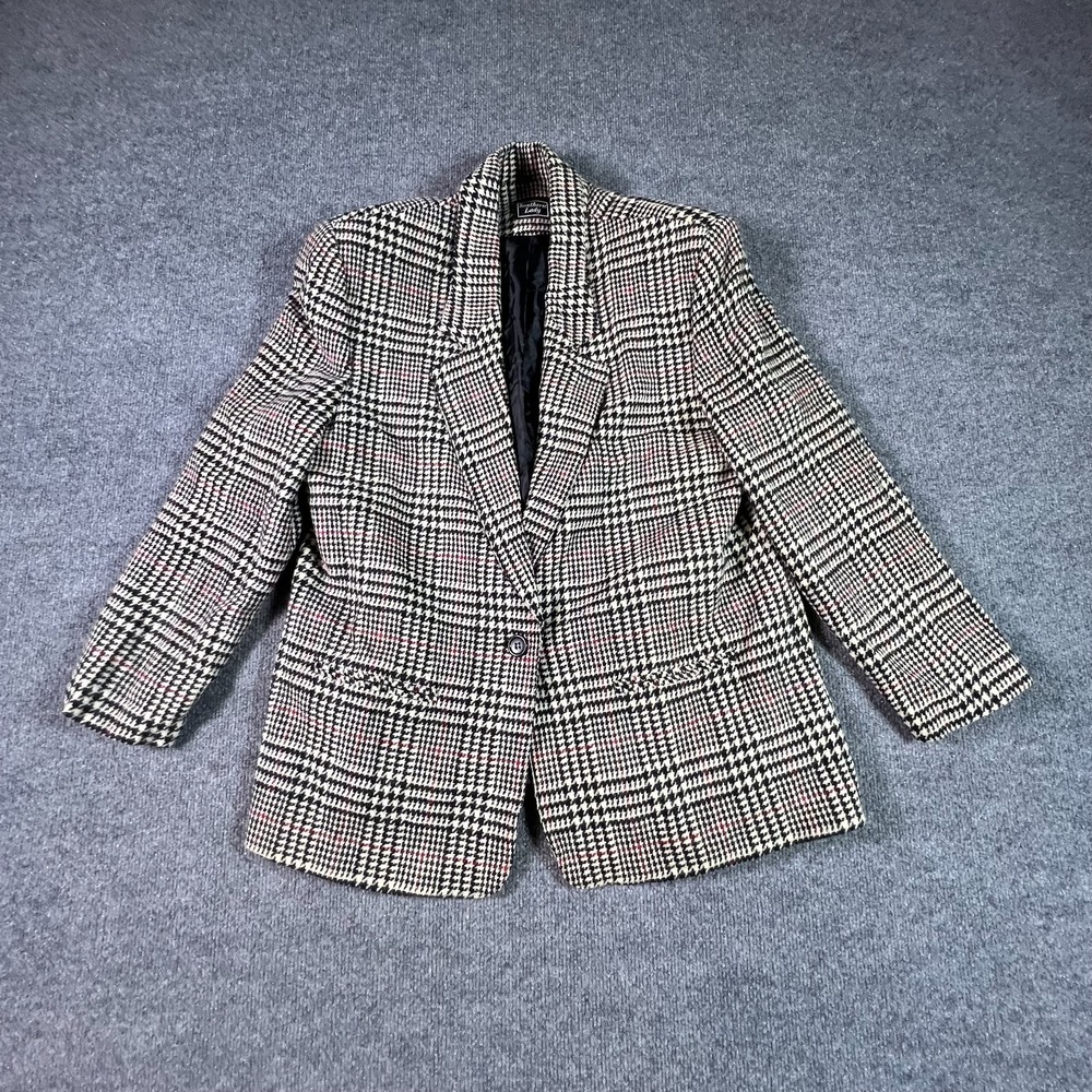 Southern Lady Blazer Coat Women's 14 White Wool Plaid Notch-Lapel Preppy Career